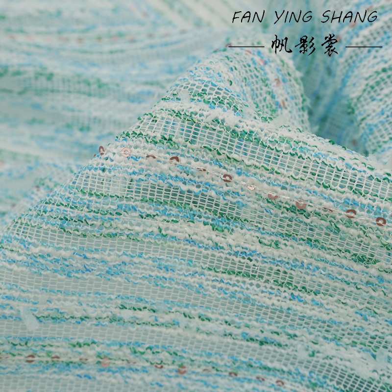 Green Sky Blue White Sequin Tw - Sewing Tweed Fabric ulasan dan harga