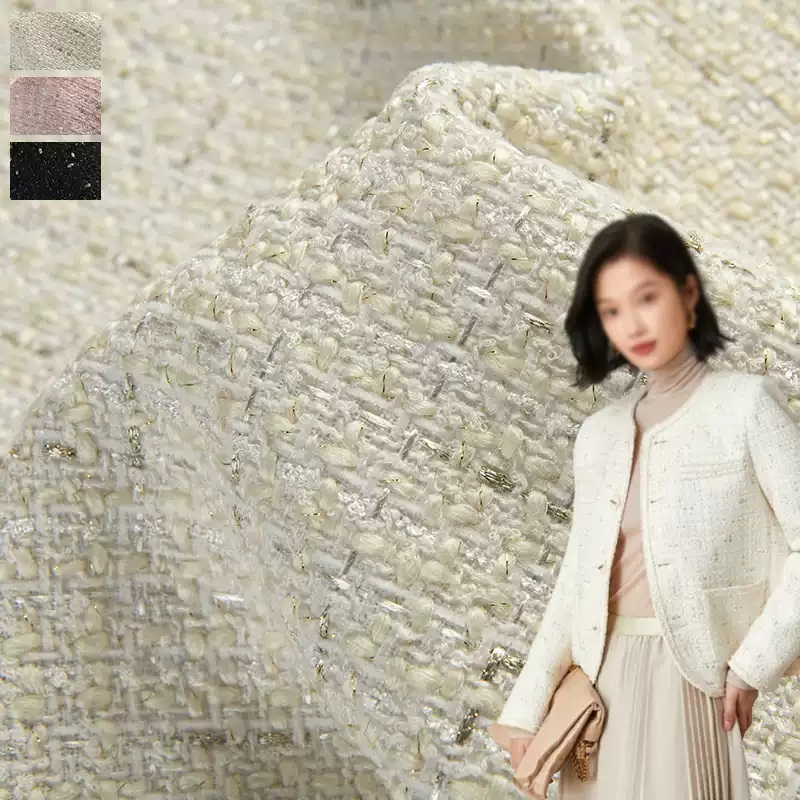 Beige Color and Gold Wire Yarn - Sewing Tweed Fabric ulasan dan harga