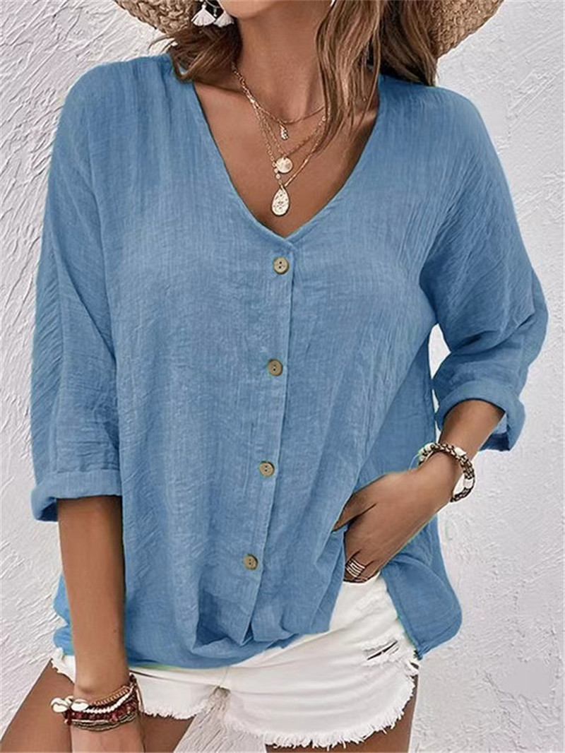 Elegant Buttons Solid Blouse S - Sewing V ulasan dan harga